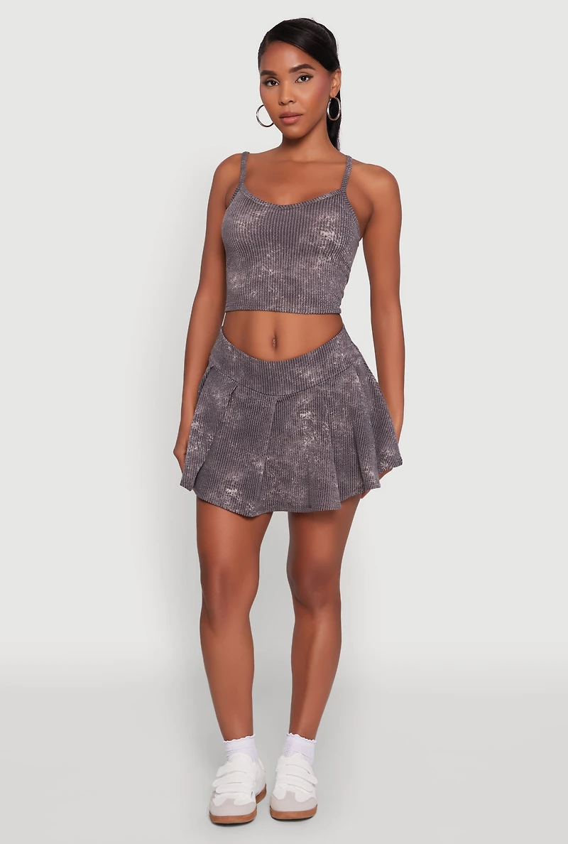 Womens Trendy Rib Knit Acid Wash Pleated Skort, Grey, Size L