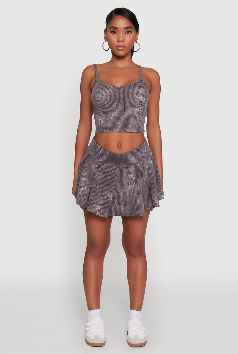 Womens Trendy Rib Knit Acid Wash Pleated Skort, Grey, Size L