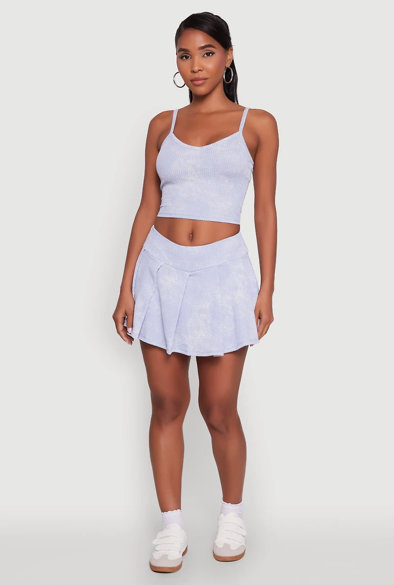 Trendy Rib Knit Acid Wash Pleated Skort