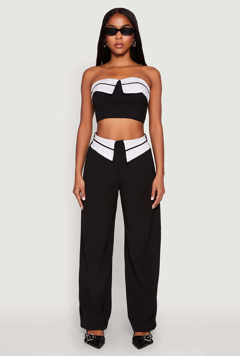 Womens Contrast Trim Fold Over Crop Top, L