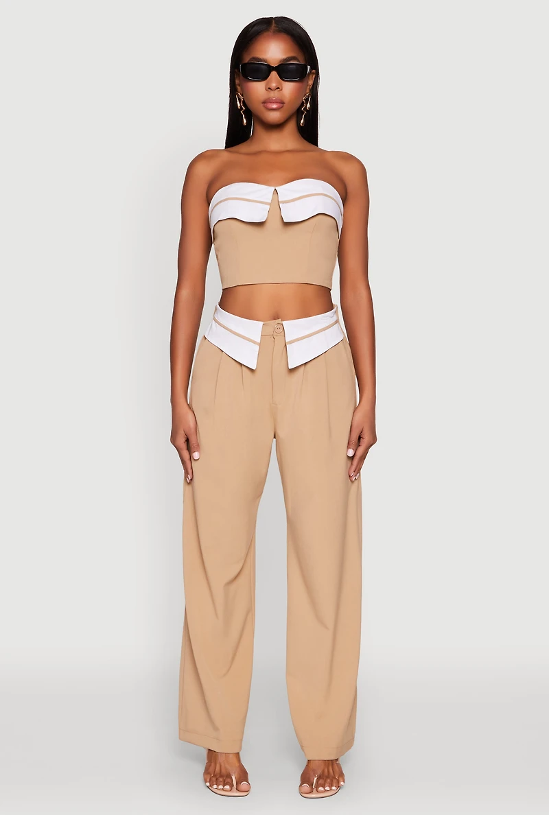 Womens Contrast Trim Fold Over Crop Top, Beige, Size L