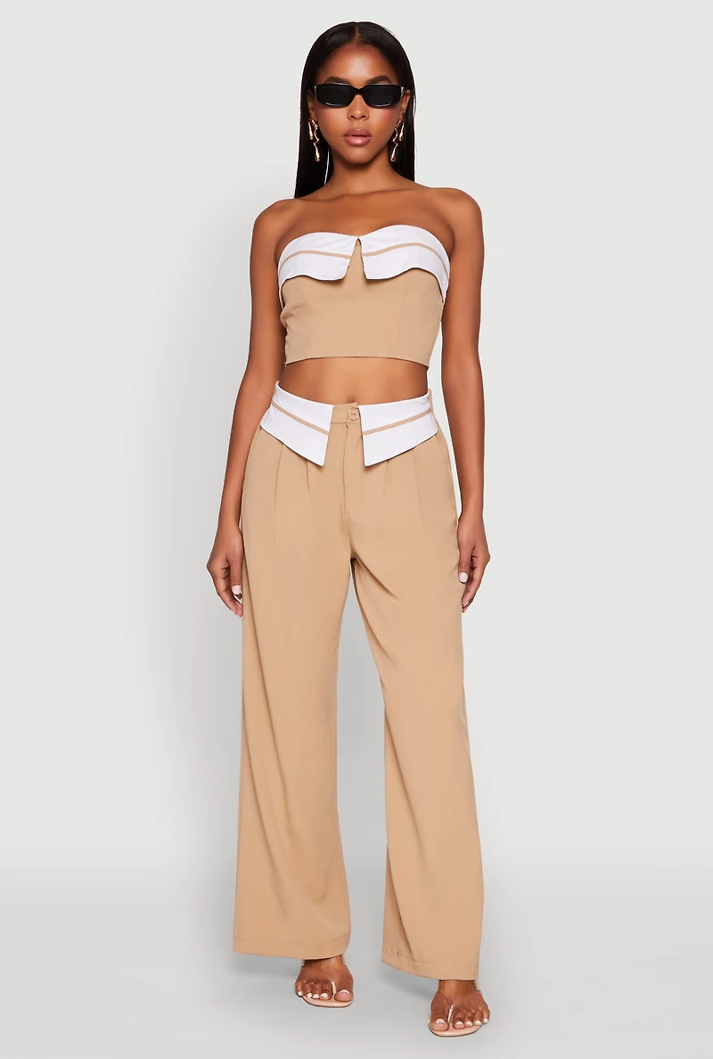 Womens Contrast Trim Fold Over Crop Top, Beige, Size L