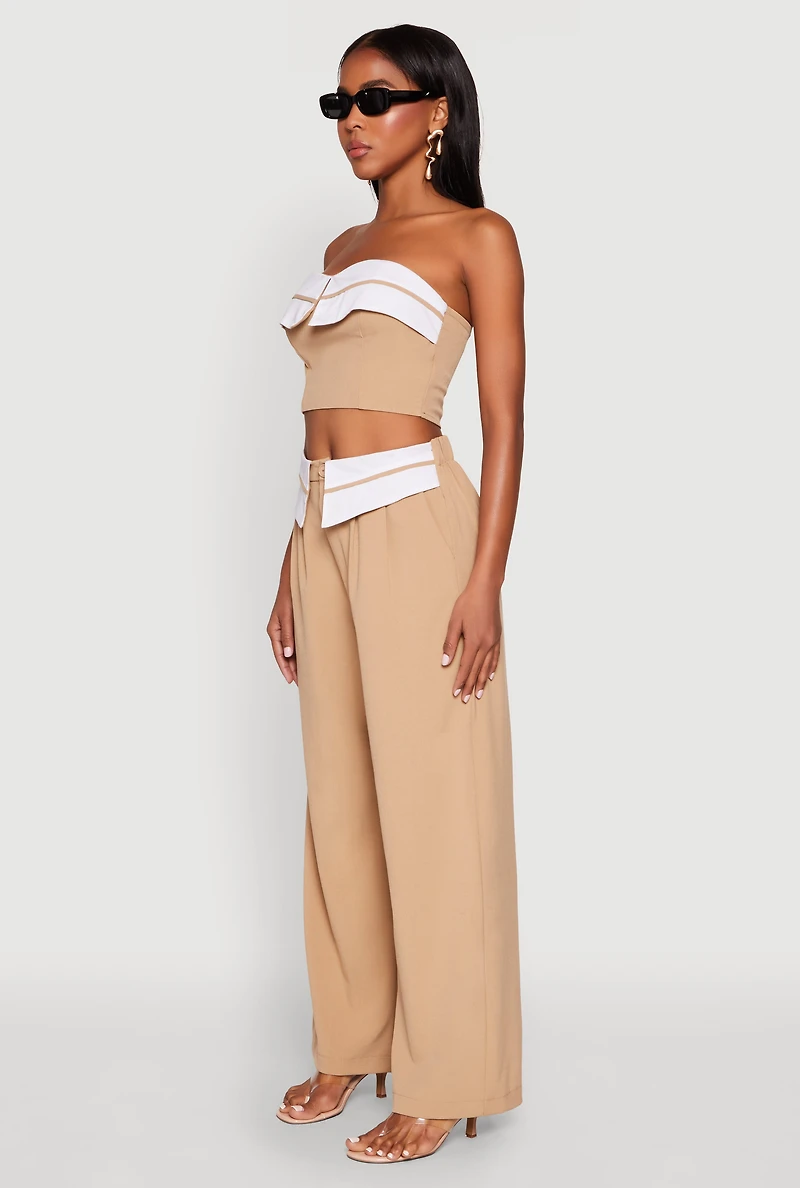 Womens Contrast Trim Fold Over Crop Top, Beige, Size L