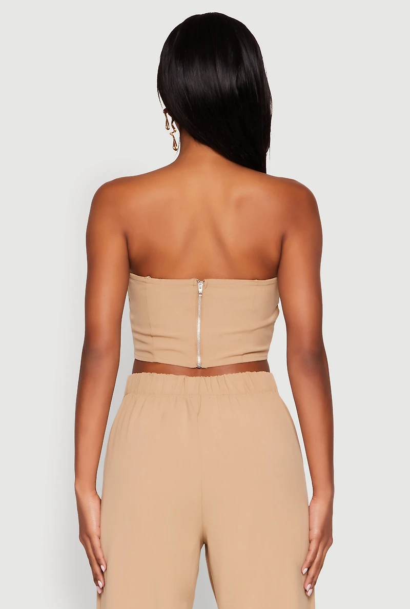 Womens Contrast Trim Fold Over Crop Top, Beige, Size L