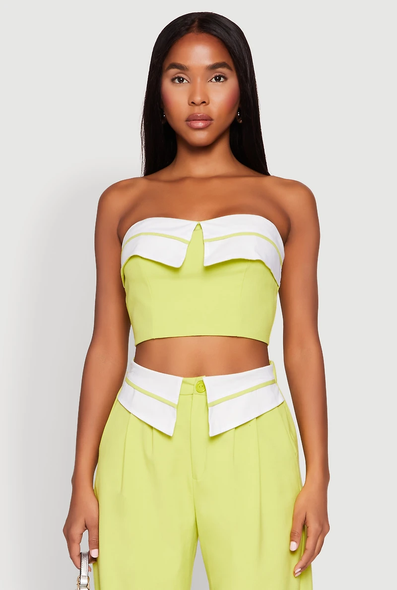 Womens Contrast Trim Fold Over Crop Top, Green, Size M