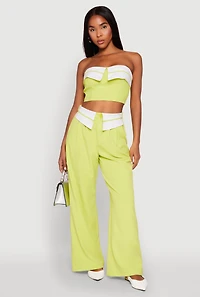 Womens Contrast Trim Fold Over Crop Top, Green, Size M