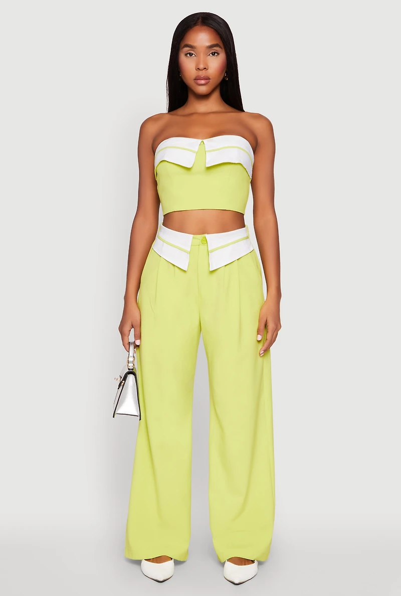 Womens Contrast Trim Fold Over Crop Top, Green, Size M