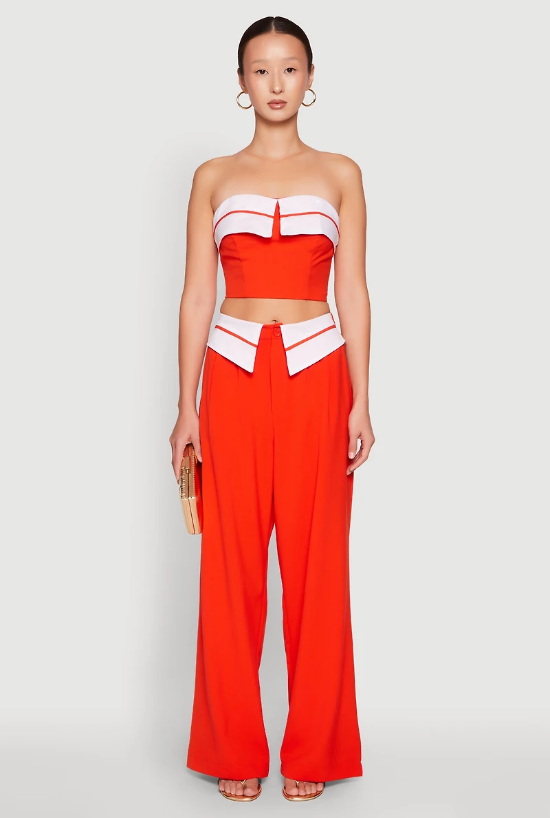 Womens Contrast Trim Fold Over Crop Top, Orange, Size S
