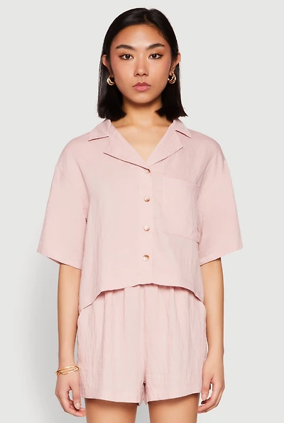 Womens Linen Pocket Shirt, Pink, Size M