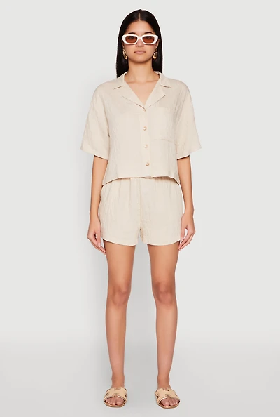 Womens Linen High Waist Pocket Shorts,