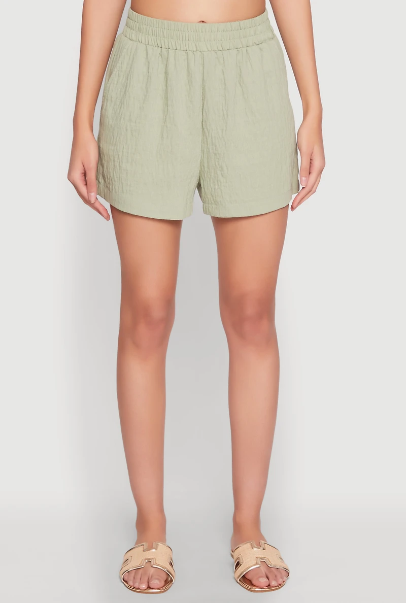 Womens Linen High Waist Pocket Shorts, Green, Size S