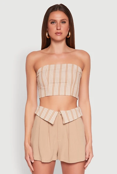 Womens Cropped Stripe Tube Top, Beige,