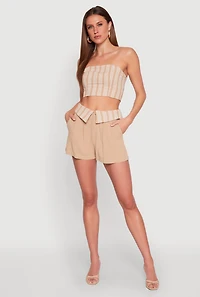 Womens Cropped Stripe Tube Top, Beige, Size L
