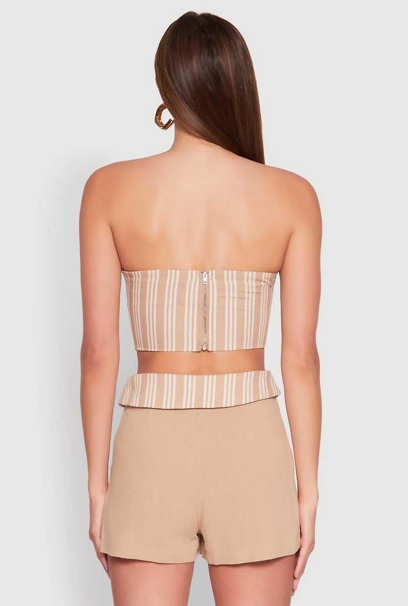 Womens Cropped Stripe Tube Top, Beige, Size M