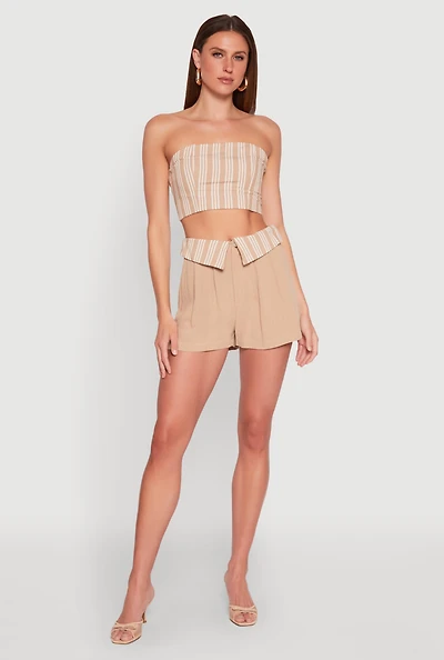 Womens Stripe Fold Over Pleated Shorts, Khaki, Size M