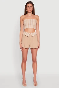 Womens Stripe Fold Over Pleated Shorts, Khaki, Size S
