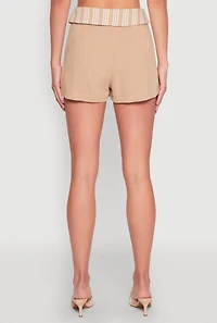 Womens Stripe Fold Over Pleated Shorts, Khaki, Size M