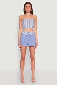 Womens Stripe Fold Over Pleated Shorts, Blue,