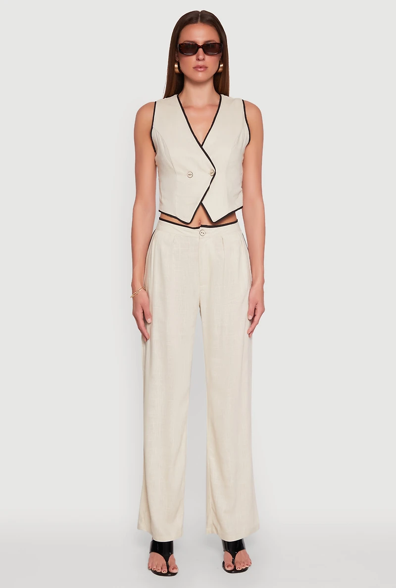 Womens Linen Contrast Trim Vest, Beige, Size S