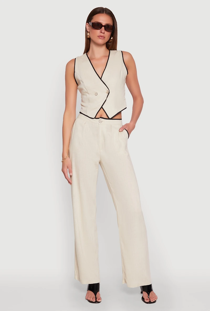Womens Linen Contrast Trim Vest, Beige, Size S