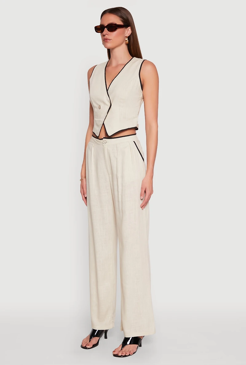 Womens Linen Contrast Trim Vest, Beige, Size S