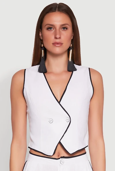 Womens Linen Contrast Trim Vest, White, Size S
