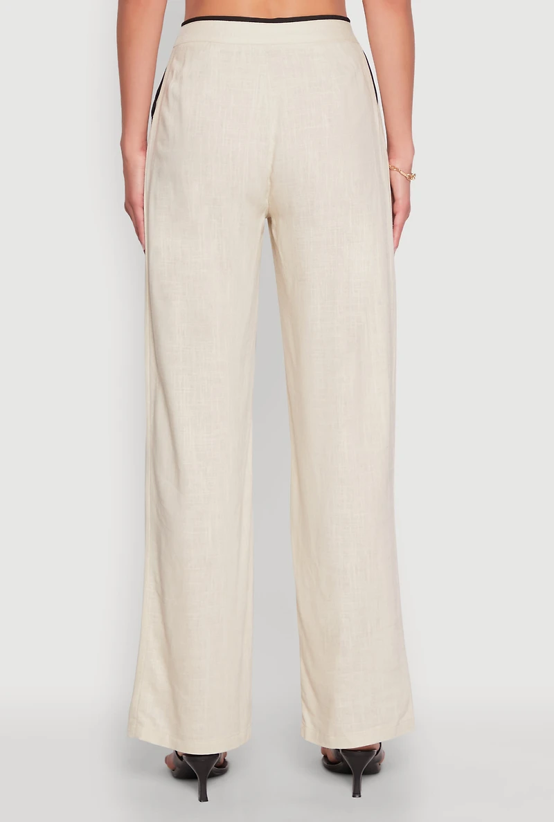 Womens Linen Contrast Trim Pants, Khaki, Size S