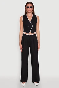 Womens Linen Contrast Trim Pants, Black, Size M