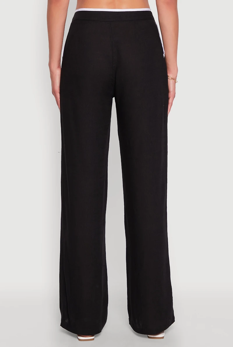 Womens Linen Contrast Trim Pants, Black, Size M