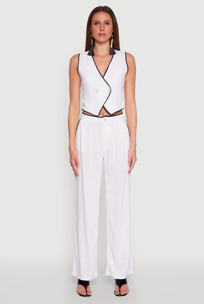Womens Linen Contrast Trim Pants, White, Size S
