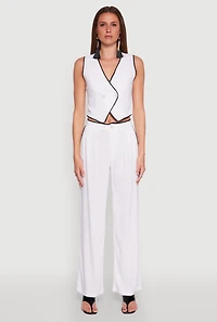 Womens Linen Contrast Trim Pants, White, Size S