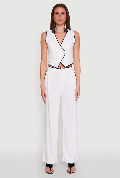 Womens Linen Contrast Trim Pants, White, Size M