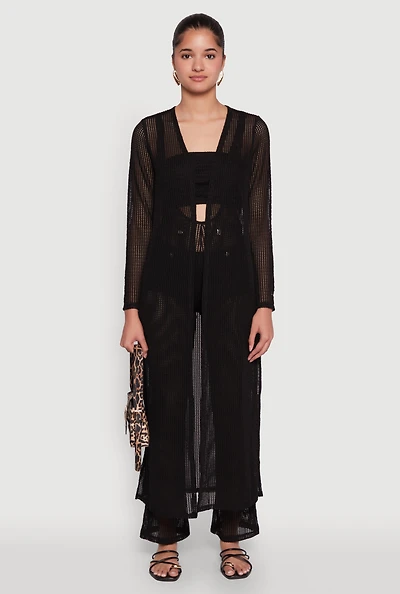 Womens Knitted Side Slit Long Sleeve Duster,