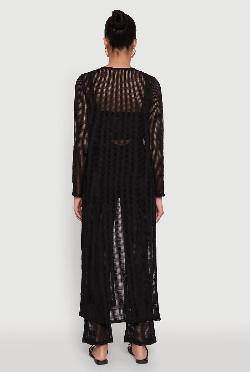 Womens Knitted Side Slit Long Sleeve Duster,