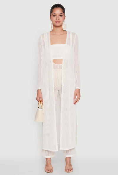 Womens Knitted Side Slit Long Sleeve Duster, White, Size XL