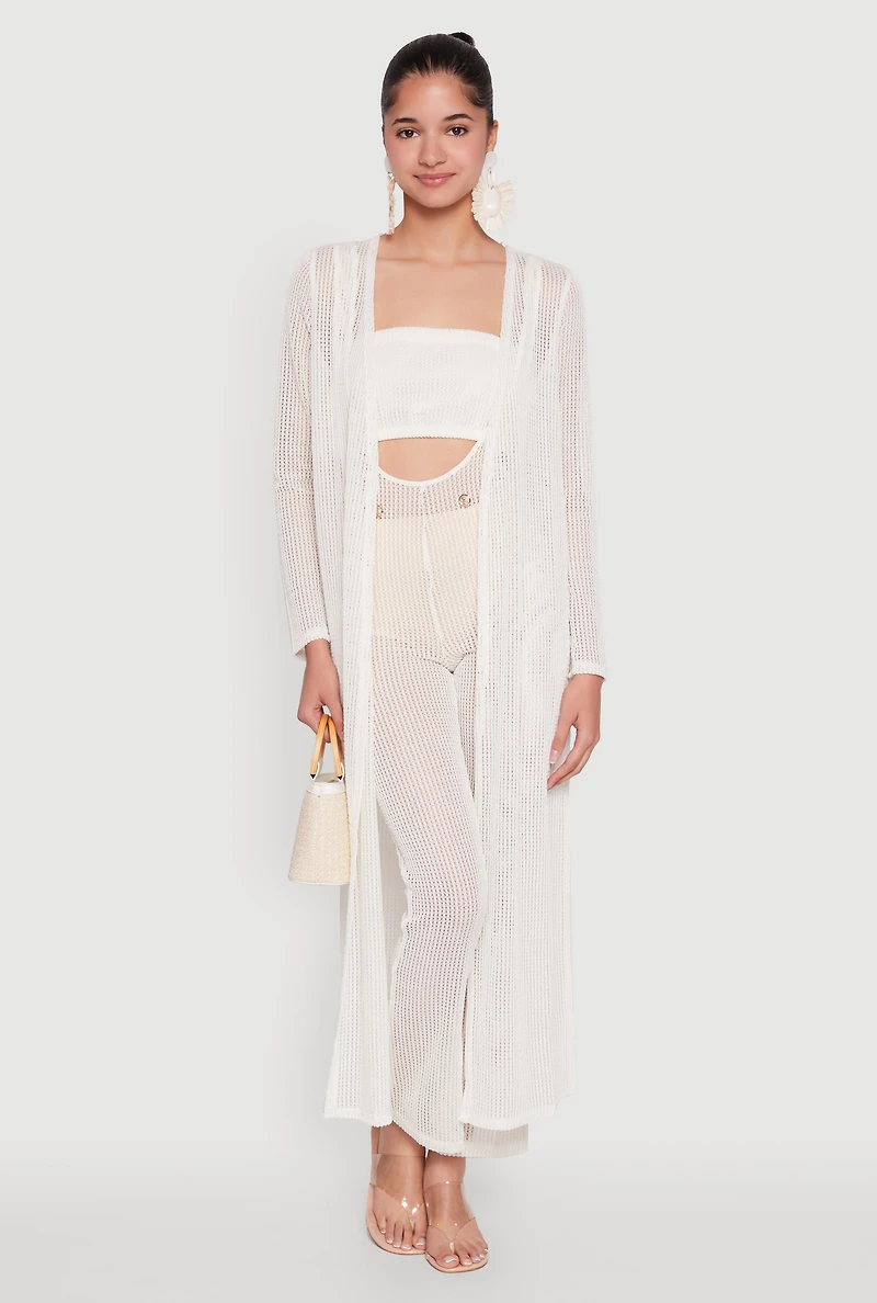 Womens Knitted Side Slit Long Sleeve Duster, White, Size L