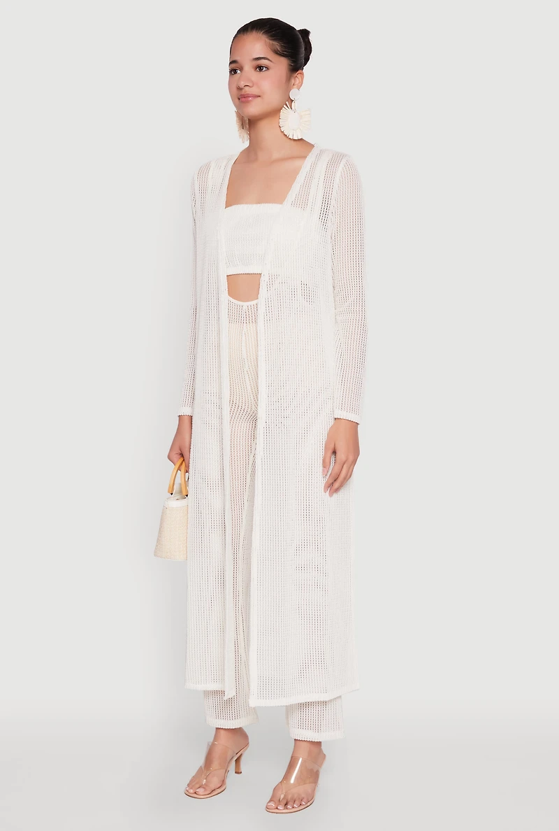 Womens Knitted Side Slit Long Sleeve Duster, White, Size L