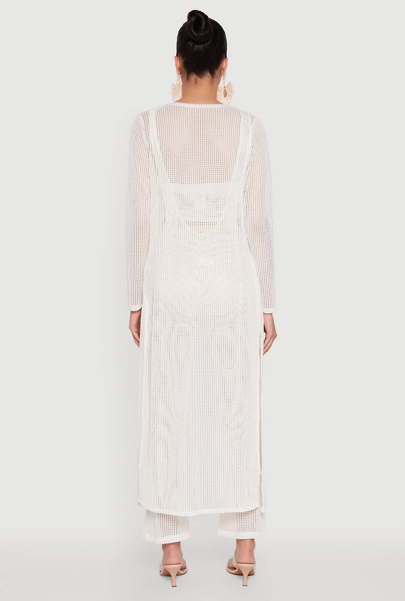 Womens Knitted Side Slit Long Sleeve Duster, White, Size L