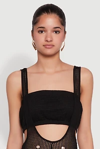 Womens Knitted Sheer Strapless Cropped Bandeau Top, Black, Size S