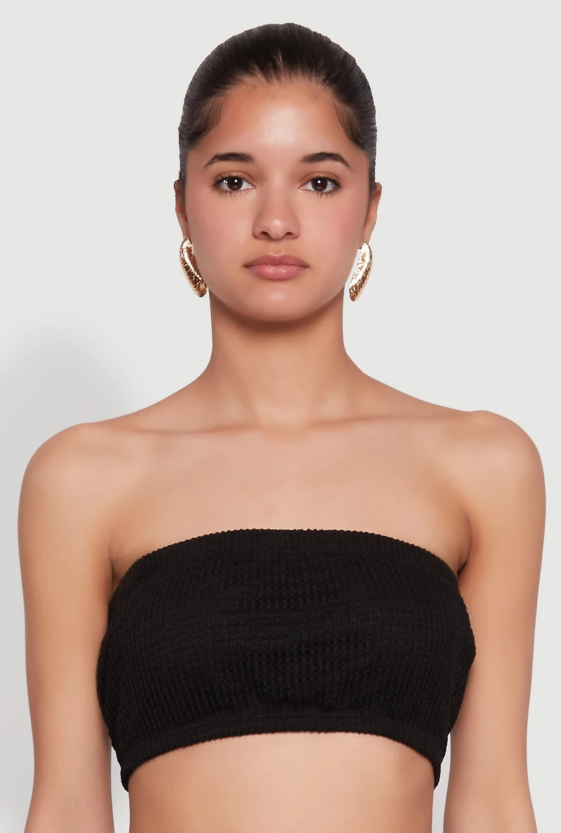 Womens Knitted Sheer Strapless Cropped Bandeau Top, Black, Size S