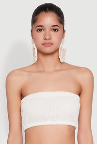 Womens Knitted Sheer Strapless Cropped Bandeau Top, White, Size XL