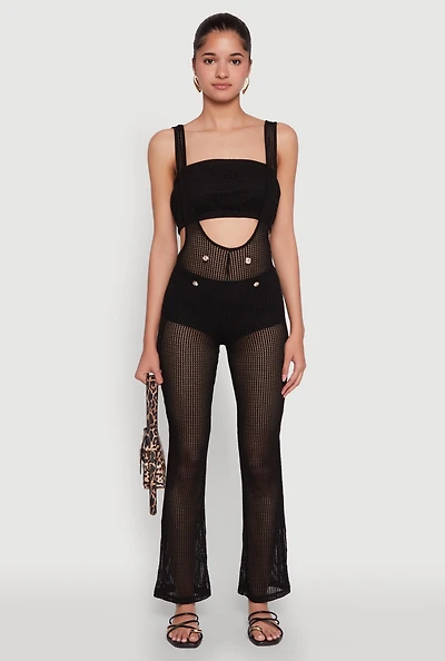 Womens Stylish Knitted Suspender Flared Pants, Black, Size L