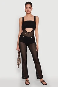 Womens Stylish Knitted Suspender Flared Pants, Black, Size L