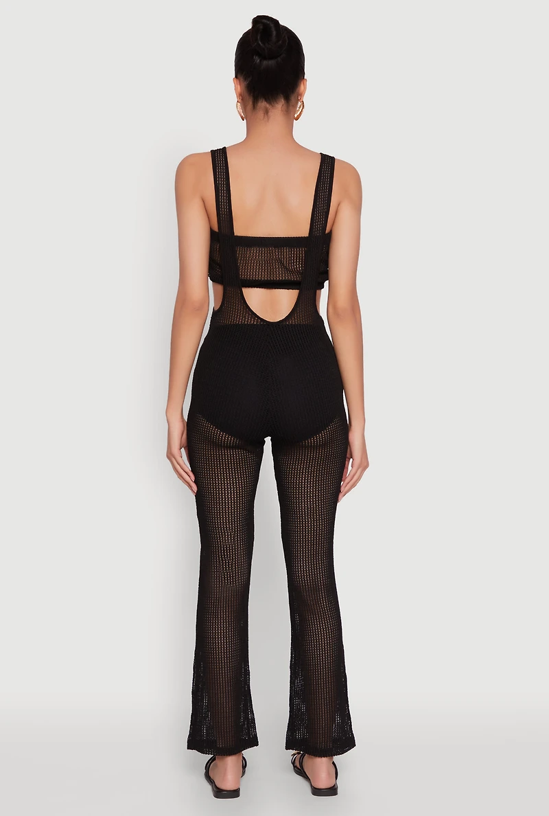 Womens Stylish Knitted Suspender Flared Pants, Black, Size L