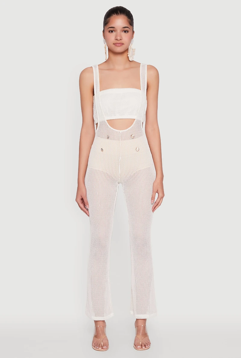 Womens Stylish Knitted Suspender Flared Pants, White, Size M