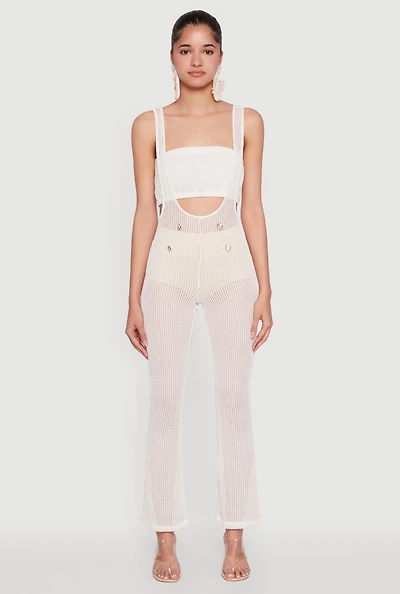 Womens Stylish Knitted Suspender Flared Pants, White, Size M