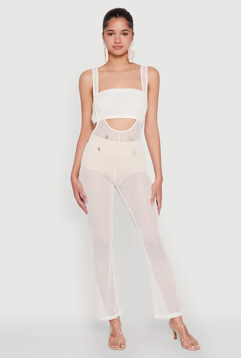 Womens Stylish Knitted Suspender Flared Pants, White,