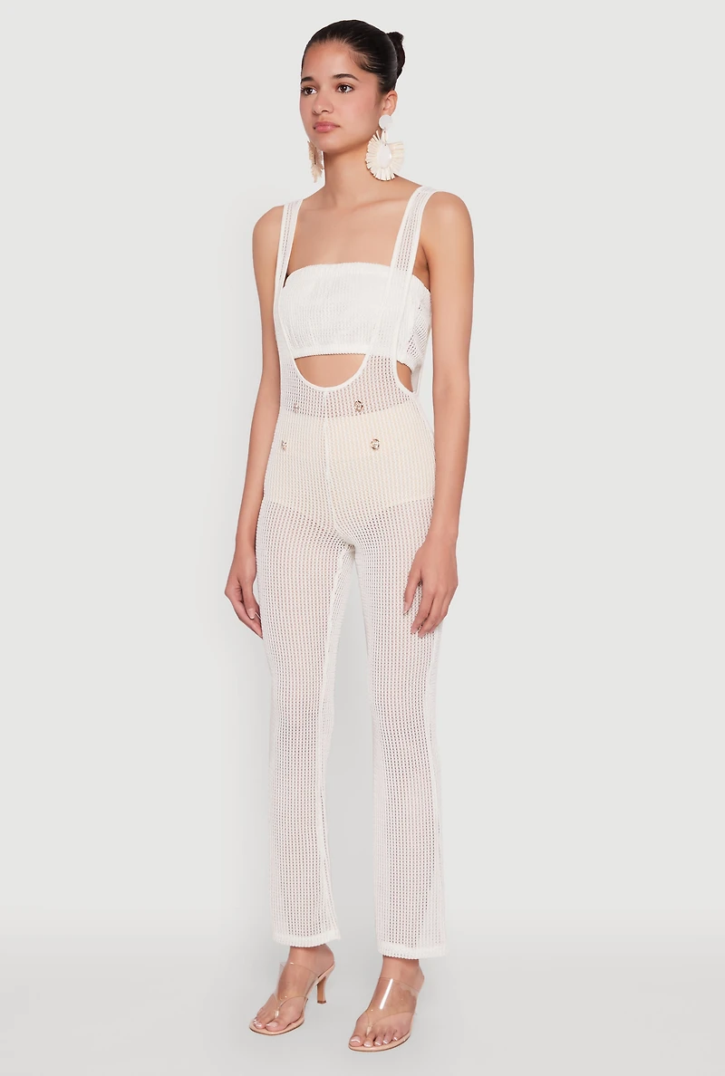 Womens Stylish Knitted Suspender Flared Pants, White,