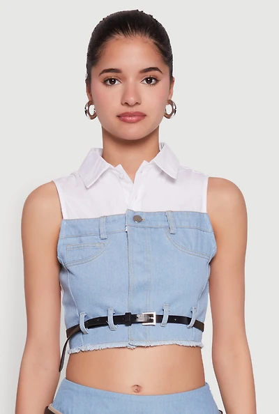Womens Trendy Sleeveless Buttoned Zip Front Cropped Blouse with Belt, Multi, Size S