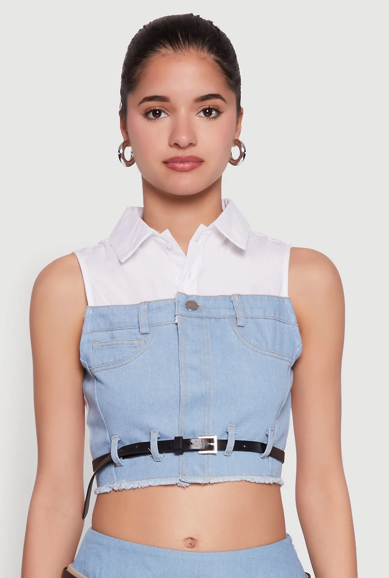 Womens Trendy Sleeveless Buttoned Zip Front Cropped Blouse with Belt, Multi,